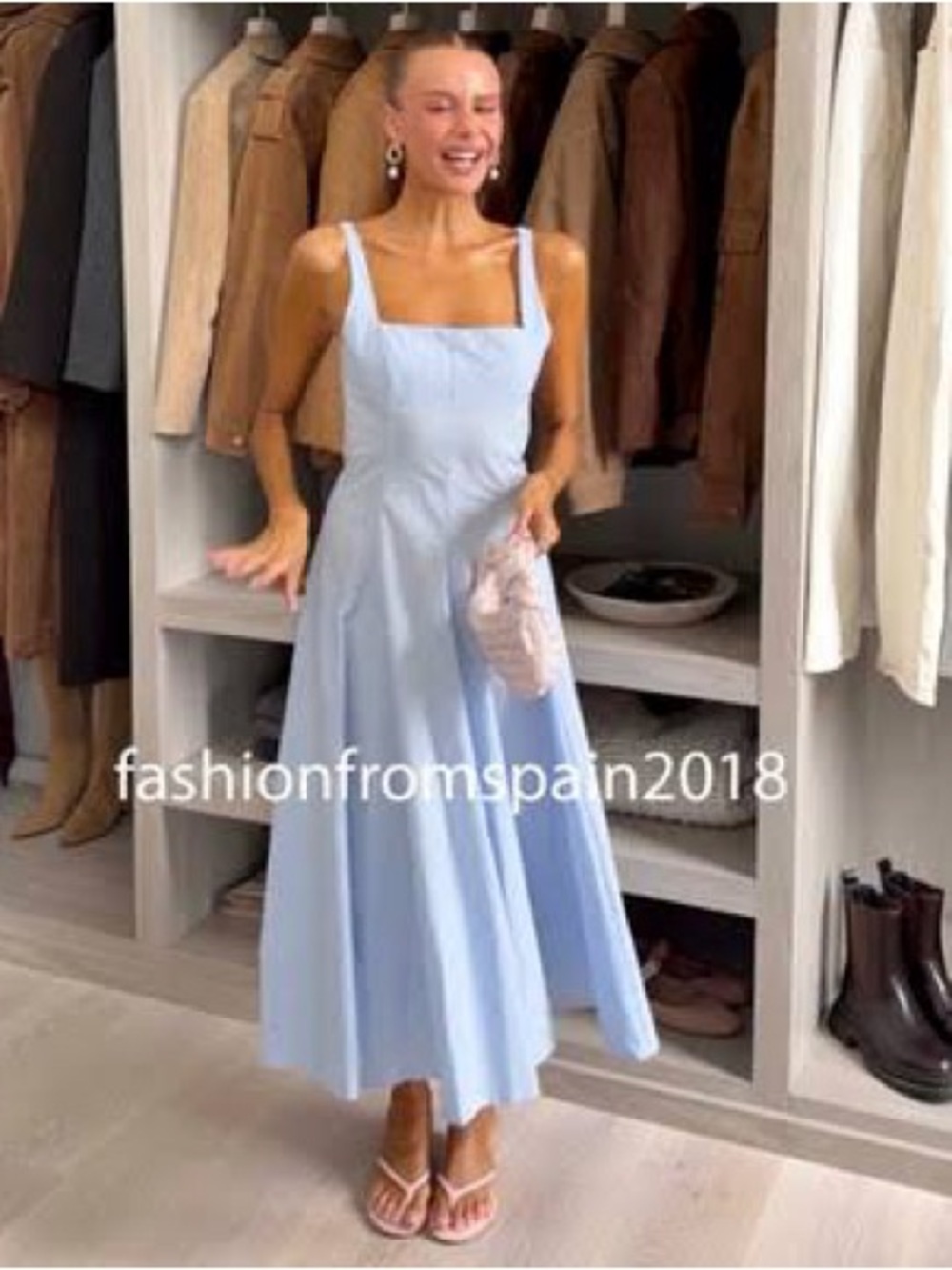 100% cotton Zara Light Blue Square-Neck A-Line Midi Dress